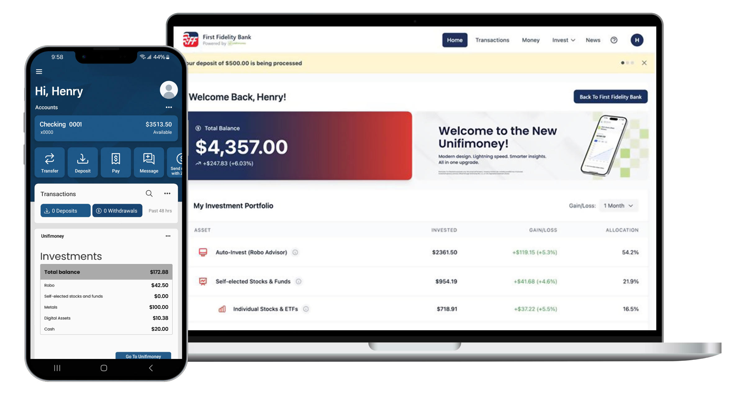 screenshot of Unifimoney investment tool on phone and laptop