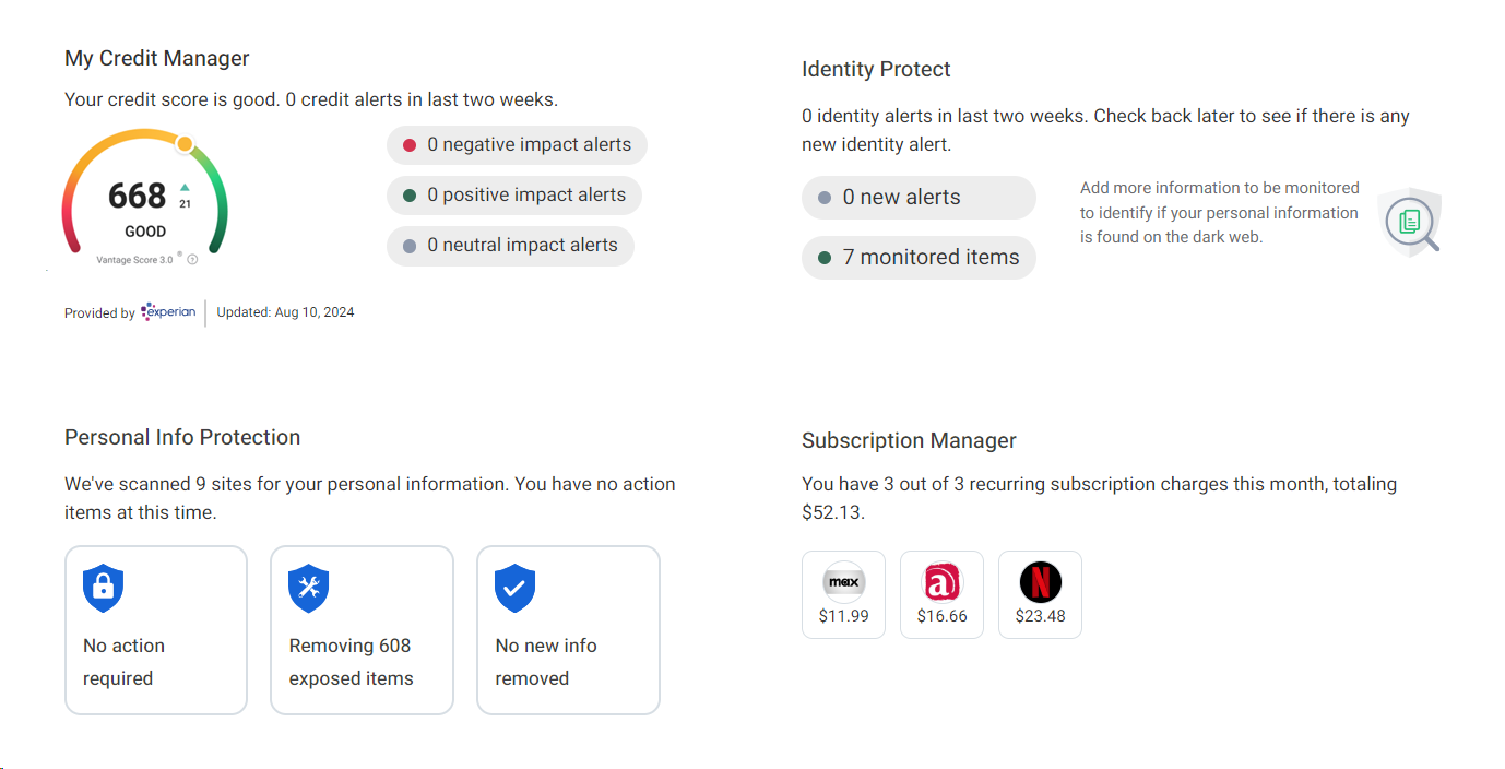 example of Credit Score, Subscription, and ID monitoring feature in the GoBankFFB dashboard