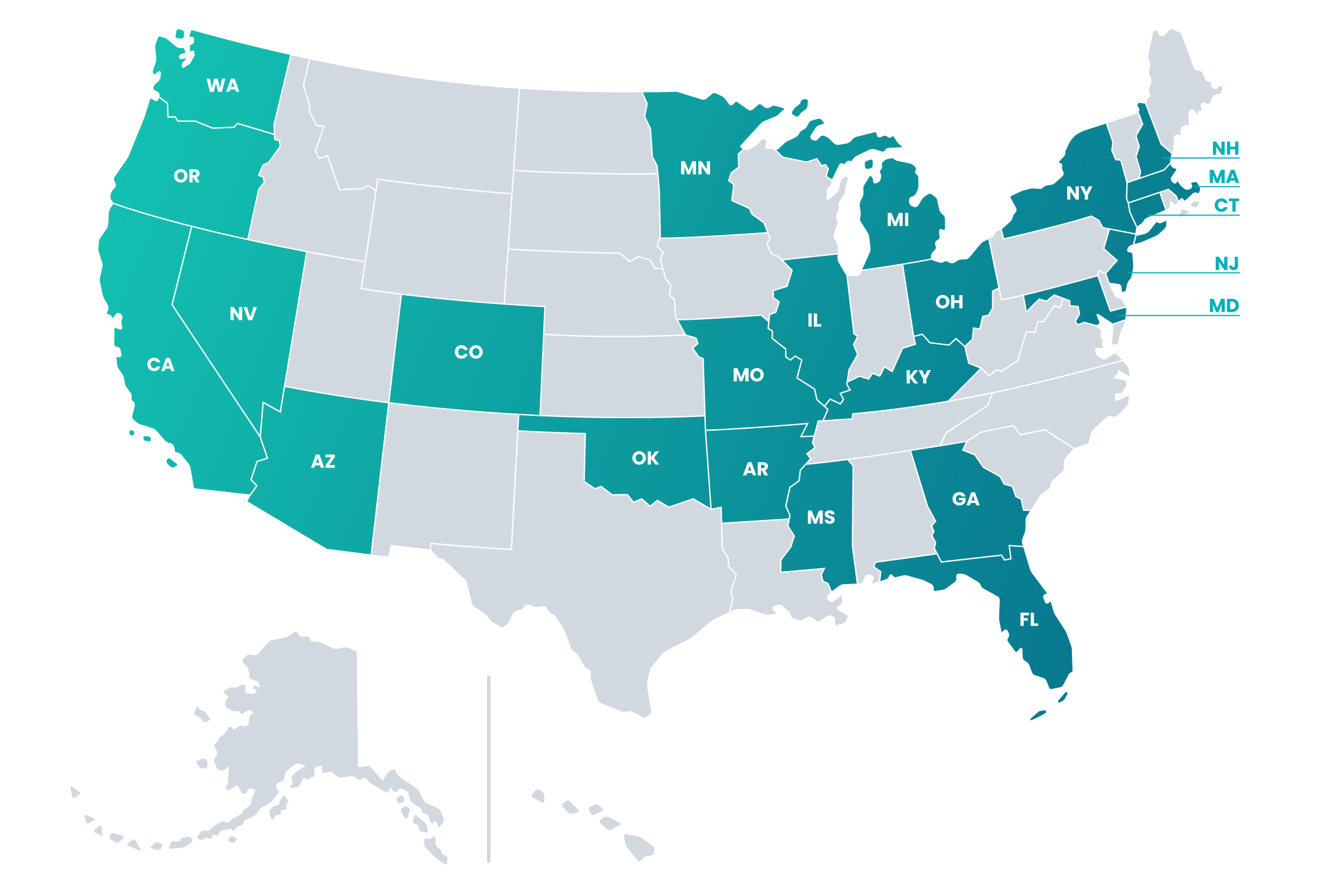 map of US showing the states we service for cannabis-related banking